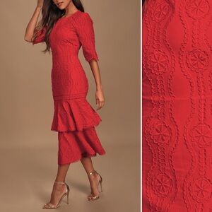 Lulus By The Vineyard Ruffled Midi Dress Red Sz M NWT